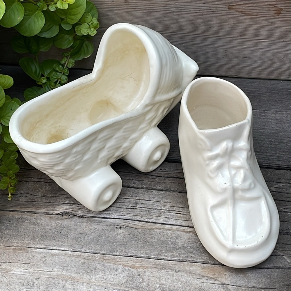 Vintage White Pottery Baby Shoe and Bassinet Indoor Planters :: Lot of 2